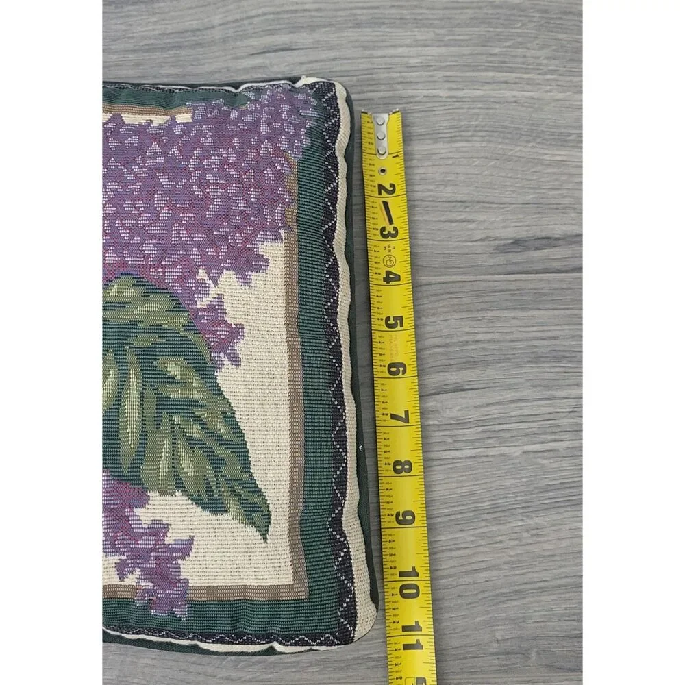 VTG Floral Tapestry Throw Pillow Purple Lilac Green Leaves Script Lettering